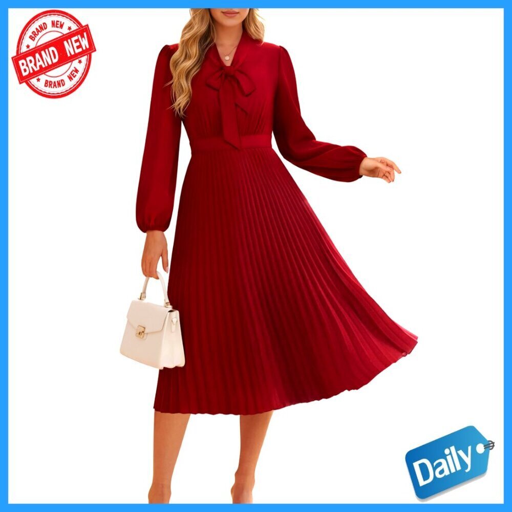 Long Sleeve V Neck Pleated A Line Midi Dress, Polyester, Business Casual